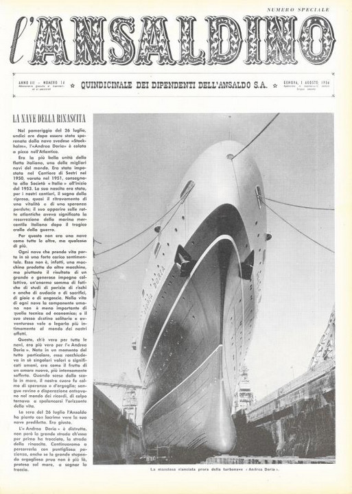 p. 1 (copertina), la maestosa slanciata prora della turbonave "Andrea Doria", 1956